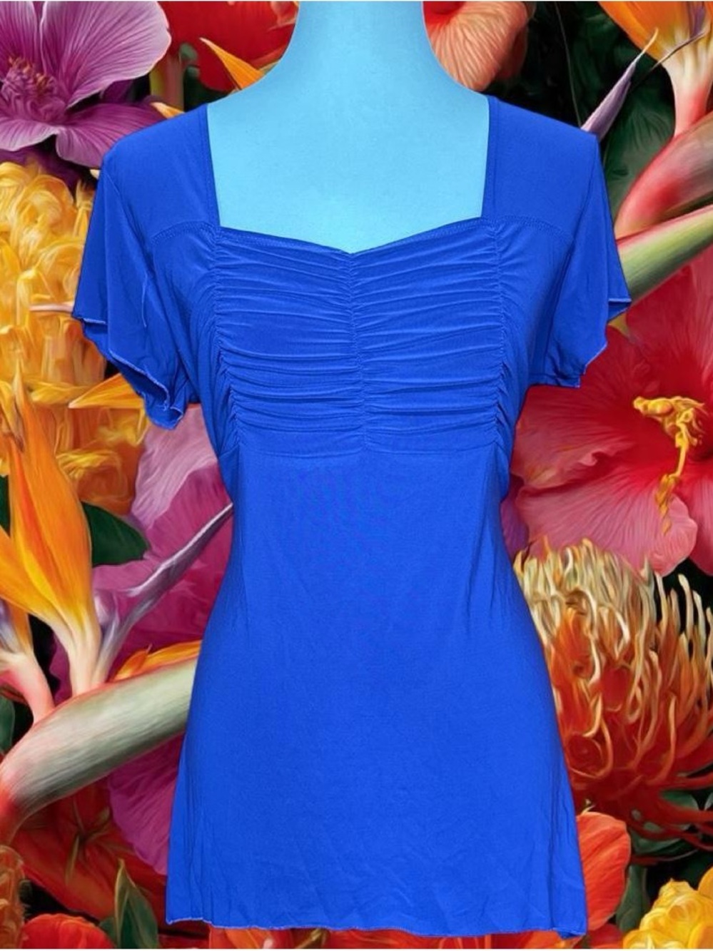 Blue Ruched Square-Neck Women's Top - Picture 1 of 3